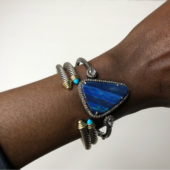 Black Boulder OPAL and Genuine Diamonds Hinged Bracelet - Picture 3 of 13